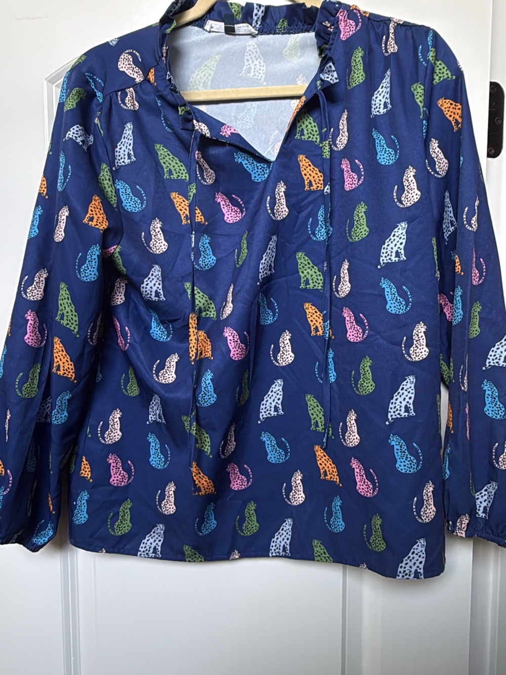 Navy Multicolor Cat Print Peasant Blouse